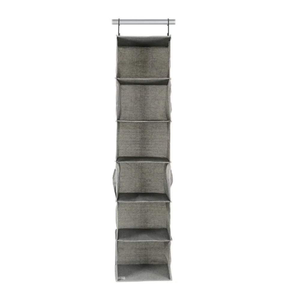 Grey 6-Shelf Hanging Closet Organizer with Side Pockets and Metal Hooks